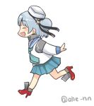  1girl ahenn aqua_neckerchief aqua_skirt black_ribbon blue_hair blue_sailor_collar closed_eyes commentary_request dixie_cup_hat double_bun full_body hair_bun hat hat_ribbon high_heels kantai_collection long_sleeves military_hat miniskirt neckerchief pleated_skirt red_footwear ribbon sailor_collar samuel_b._roberts_(kancolle) school_uniform serafuku shirt short_hair simple_background skirt sleeve_cuffs solo white_background white_headwear white_shirt 