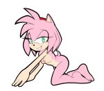  2022 accessory all_fours amy_rose anthro areola breasts butt eulipotyphlan feet female fours_(artist) green_eyes hair hair_accessory hairband hedgehog hi_res looking_at_viewer mammal multicolored_body navel nipples nude pink_body pink_hair sega simple_background smile smiling_at_viewer solo sonic_the_hedgehog_(series) tan_body two_tone_body white_background 