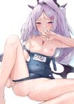 1girl bar_censor bare_shoulders blue_archive blue_swimsuit blush breasts censored commentary_request competition_swimsuit covered_navel hair_ornament hairclip hand_up hina_(blue_archive) hina_(swimsuit)_(blue_archive) horns long_hair looking_at_viewer name_tag nipples one-piece_swimsuit parted_lips purple_eyes purple_hair pussy ruwoka simple_background small_breasts solo swimsuit thighs whistle whistle_around_neck white_background wings 