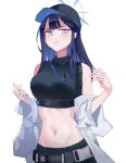  1girl absurdres bangs bare_shoulders baseball_cap black_headwear black_shirt blue_archive blue_eyes blue_hair blunt_bangs blush breasts commentary crop_top groin hands_up hat highres jacket large_breasts long_hair looking_at_viewer midriff navel off_shoulder open_clothes open_jacket saori_(blue_archive) shirt simple_background sleeveless sleeveless_shirt solo stomach upper_body white_background white_jacket younubu_no_luolikong 