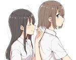  2girls ahoge bangs betock black_hair blunt_bangs brown_hair closed_eyes commentary_request eyelashes from_side high_collar highres long_hair looking_back multiple_girls open_mouth original shirt short_hair short_sleeves smelling smelling_hair smile white_background white_shirt yuri 