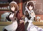  2girls aiban alternate_costume bespectacled blush brown_hair cafe coffee coffee_mug cup dress enmaided glasses highres holding holding_tray idolmaster idolmaster_cinderella_girls idolmaster_shiny_colors indoors juliet_sleeves kuwayama_chiyuki long_sleeves looking_at_viewer maid maid_headdress mug multiple_girls pinafore_dress puffy_long_sleeves puffy_sleeves sagisawa_fumika skirt_hold smile tray 