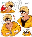  1boy black_mask black_shirt blonde_hair blush boku_no_hero_academia collarbone commentary eye_mask fat_gum_(boku_no_hero_academia) gloves hand_up highres hood hood_down hood_up hooded_jacket jacket long_sleeves looking_at_viewer male_focus mask monu open_clothes open_jacket red_gloves shirt short_hair signature simple_background smile sparkle speech_bubble teeth translation_request upper_body white_background yellow_jacket zipper_pull_tab 