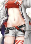  1girl absurdres arknights bead_bracelet beads belt bracelet charm_(object) coat hand_on_hip head_out_of_frame highres jewelry leg_tattoo name_tag namikare navel_focus nian_(arknights) shorts strapless tattoo tube_top white_coat white_shorts 