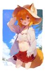  1girl :d animal_ear_fluff animal_ears blue_sky blush border breasts cowboy_shot cropped_legs ears_through_headwear fox_ears fox_girl fox_tail groin hair_between_eyes hand_on_headwear hat jacket looking_at_viewer midriff navel open_clothes open_jacket open_mouth orange_hair outside_border palm_leaf red_skirt rimukoro senko_(sewayaki_kitsune_no_senko-san) sewayaki_kitsune_no_senko-san shirt short_hair skirt sky small_breasts smile solo sun_hat tail white_border white_headwear white_jacket white_shirt 