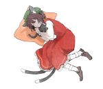 1girl animal_ear_fluff animal_ears animal_hug bangs brown_footwear brown_hair cat cat_ears cat_tail chen closed_eyes closed_mouth commentary_request curled_up frilled_skirt frills full_body green_headwear grey_cat hat long_sleeves lying medium_hair mob_cap multiple_tails on_side pillow red_skirt red_vest shirt shoes simple_background skirt sleeping socks solo tail tarako_supa touhou two_tails vest white_background white_shirt white_socks 