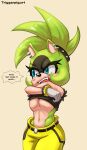  absurd_res afrosoricid angry anthro blush bracelet breasts clothed clothing clothing_lift ear_piercing female green_hair hair hi_res jewelry looking_away mammal open_mouth piercing shirt shirt_lift simple_background solo surge_the_tenrec tenrec topwear triggerpigart undressing 