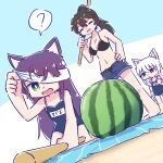  3girls :d :o =_= ? animal_ears arm_up assault_lily bare_arms bare_legs bare_shoulders barefoot beach_towel bikini bikini_under_clothes black_bikini black_hair blindfold blindfold_lift blue_background blue_shorts blue_swimsuit breasts bright_pupils cat_ears cat_girl cleavage clenched_hands dutch_angle food from_below fruit funada_kiito funada_ui green_eyes halter_top halterneck hand_on_hip hand_up hands_up high_ponytail highres holding holding_stick kneeling long_hair looking_at_another looking_at_food medium_breasts multiple_girls nagasawa_yuki_(assault_lily) name_tag navel on_ground one-piece_swimsuit one_eye_covered open_clothes open_mouth open_shorts orange_eyes parted_lips ponytail purple_hair sand school_swimsuit short_shorts shorts siblings sisters smile speech_bubble spoken_question_mark standing stick stomach swimsuit teisuu thighhighs towel translated two-tone_background very_long_hair watermelon wavy_mouth white_background white_hair white_pupils younger 
