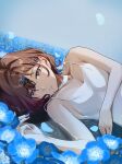  1girl absurdres bangs brown_hair camisole flower hair_ornament hairclip highres higuchi_madoka idolmaster idolmaster_shiny_colors lying mole mole_under_eye nonbire on_side partially_submerged purple_eyes short_hair swept_bangs upper_body 