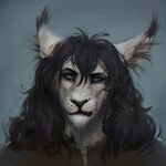  1:1 2021 anthro artist_logo baytor_(lostgoose) black_eyebrows black_hair black_lips black_nose blue_background blue_eyes brown_clothing brown_topwear bust_portrait clothing dated ear_tuft eyebrows front_view fur glistening glistening_eyes grey_inner_ear_fluff hair hi_res inner_ear_fluff lips logo lostgoose male portrait simple_background solo topwear tuft wavy_hair whiskers white_body white_ears white_fur 