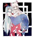  2girls :o ascot bangs blue_dress blue_footwear blue_hair blue_headwear bow carrying closed_mouth collared_shirt commentary_request dress fujiwara_no_mokou hair_bow hat head_tilt kamishirasawa_keine long_hair long_sleeves looking_at_viewer multiple_girls ofuda ofuda_on_clothes pants princess_carry red_ascot red_bow red_eyes red_nails red_pants shirt shoes short_sleeves tarako_supa tokin_hat touhou two-tone_bow very_long_hair white_bow white_hair white_shirt 