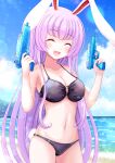  1girl :d absurdres animal_ears bangs beach bikini black_bikini blue_sky blush breasts cleavage closed_eyes cloud cowboy_shot day finger_on_trigger happy highres holding holding_water_gun horizon large_breasts lens_flare long_hair navel o-ring o-ring_bikini o-ring_top outdoors purple_hair rabbit_ears rabbit_tail reimei_(r758120518) reisen_udongein_inaba sky smile solo swimsuit tail touhou very_long_hair water_gun 