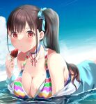  1girl azuma_yuki bangs bikini blue_sky breasts brown_hair choker cleavage cloud commentary_request earrings food fruit hair_ribbon highres idolmaster idolmaster_shiny_colors jewelry large_breasts long_hair off_shoulder red_eyes ribbon shallow_water side_ponytail sky solo sonoda_chiyoko strawberry swimsuit water wet 