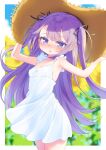  1girl arms_up bangs bare_arms bare_shoulders black_ribbon blurry blurry_background blush breasts brown_headwear commentary_request day depth_of_field dress flower hair_ribbon hands_on_headwear hat highres kokone_(coconeeeco) long_hair nose_blush original parted_lips purple_eyes purple_hair ribbon sleeveless sleeveless_dress small_breasts solo straw_hat sunflower sweat two_side_up very_long_hair white_dress yellow_flower 
