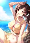  1girl azuma_yuki beach bikini blue_sky breasts brown_eyes brown_hair choker cloud commentary_request day hammock highres idolmaster idolmaster_shiny_colors large_breasts looking_at_viewer navel ocean outdoors sky solo sonoda_chiyoko swimsuit twintails wet yellow_bikini 