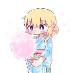  1girl :t alternate_hairstyle assault_lily bangs blonde_hair blue_eyes blue_kimono blush bow bright_pupils closed_mouth cotton_candy eating floral_print flower food food_in_mouth hair_bun hair_flower hair_ornament hair_over_shoulder highres holding holding_food japanese_clothes kimono long_hair long_sleeves looking_at_food looking_at_object obi obijime print_kimono red_bow sash single_hair_bun solo standing tachihara_sayu teisuu upper_body white_background white_flower white_pupils wide_sleeves 