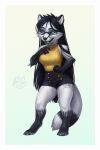  2021 anthro artist_logo artist_name black_body black_bottomwear black_clothing black_ears black_fur black_hair black_tail blue_eyes border bottomwear button_(fastener) cana_de_lone canid canine clothed clothing ear_piercing ear_ring ear_stud elbow_tuft eyelashes eyewear female fox front_view fur glasses glistening glistening_eyes gloves_(marking) grey_body grey_fur grey_tail hair hand_on_hip hi_res leg_markings logo long_hair looking_aside lostgoose mammal markings open_mouth piercing ring_piercing shoulder_tuft simple_background socks_(marking) solo square_glasses standing stud_piercing topwear tuft white_border yellow_clothing yellow_topwear 