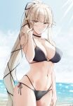  1girl arai_hitomi_(rc_f) artist_name bangs beach bikini black_bikini black_ribbon blonde_hair blush borrowed_character breasts brown_eyes collarbone commission highres keenh large_breasts long_hair looking_at_viewer mole mole_under_eye multi-strapped_bikini navel o-ring o-ring_bottom o-ring_top ocean original ponytail ribbon side-tie_bikini solo swimsuit very_long_hair 