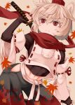  1girl animal_ears autumn autumn_leaves black_pants black_shirt breasts falling_leaves hat inubashiri_momiji large_breasts leaf long_sleeves navel pants red_eyes red_scarf scarf serious sheath sheathed shirt short_hair solo stomach sword tokin_hat touhou weapon white_hair wolf_ears wolf_girl zetsumame 
