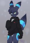  &lt;/3 anthro biped blue_body blue_eyes bottomless clothed clothing eeveelution eyebrows frown grey_body hi_res male nintendo oversized_hoodie pok&eacute;mon pok&eacute;mon_(species) raised_eyebrow shiny_pok&eacute;mon signature simple_background solo solo_focus text toxicmilkyx umbreon url video_games 