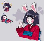  2022 5_fingers anthro asian_clothing black_hair clothed clothing dress east_asian_clothing emote female fingers fur gesture hair hi_res japanese_clothing kimono lagomorph leporid looking_at_viewer mammal open_mouth open_smile pawpads pink_cheeks pink_eyes pink_nose pink_pawpads rabbit red_clothing red_kimono simple_background smile solo star tongue usagichi_(vkontakte) v_sign vkontakte white_body white_fur wnnnhh 