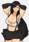  adjusting_hair armpits arms_behind_head arms_up biceps black_hair black_skirt breasts crop_top cropped_legs elbow_gloves final_fantasy final_fantasy_vii final_fantasy_vii_remake gloves large_breasts long_hair looking_at_viewer muscular muscular_female simple_background skirt smile suspenders sweat tifa_lockhart yoracrab 