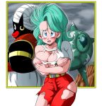  1boy 1girl aqua_hair blue_eyes breast_hold breasts bulma highres large_breasts looking_at_viewer nipples non-web_source open_mouth spacecraft turban yamamoto_doujin 