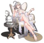  1girl ahoge bracelet breasts chair cleavage closed_mouth cocktail_glass cup dress drinking_glass earrings full_body grey_hair jewelry kitami_sawako large_breasts long_hair looking_at_viewer mahjong_soul official_art red_wine revealing_clothes sitting smile solo tachi-e yellow_eyes yostar 