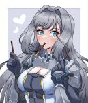  1girl angryforks armor bangs blue_eyes blush breast_tattoo breasts cleavage cleavage_cutout closed_mouth clothing_cutout ethel_(xenoblade) food highres large_breasts long_hair looking_at_viewer pocky shoulder_armor simple_background smile solo tattoo very_long_hair xenoblade_chronicles_(series) xenoblade_chronicles_3 