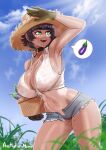  1girl aestheticc-meme basket black_hair breasts cleavage collar covered_nipples earrings eggplant english_commentary gloves green_eyes hat holding holding_basket jewelry large_breasts looking_to_the_side midriff original outdoors shirt short_hair short_shorts shorts sleeveless standing sun_hat sweat tan tanlines tied_shirt watermark wet wet_clothes 