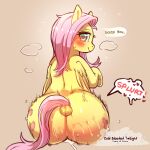  &lt;3 1:1 2022 blush butt cold-blooded-twilight cutie_mark dialogue digital_media_(artwork) english_text equid equine eyelashes female fluttershy_(mlp) friendship_is_magic hasbro hi_res looking_at_viewer looking_back mammal my_little_pony pegasus rear_view simple_background smile solo text wings 