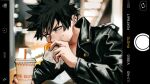  1boy black_hair blue_eyes boku_no_hero_academia burger cellphone commentary dabi_(boku_no_hero_academia) drink drinking_straw ear_piercing earrings eating english_commentary five_guys_burgers_and_fries food highres holding holding_drink holding_food ios_(os) jacket jewelry leather leather_jacket male_focus phone piercing sharl0ck smartphone solo spiked_hair stud_earrings user_interface 