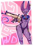  2022 absurd_res anthro assault_rifle beerus bulge clothing digital_media_(artwork) domestic_cat dragon_ball dragon_ball_super felid feline felis gun hairless hairless_cat hi_res looking_at_viewer male mammal nipples ranged_weapon rifle salamikii solo sphynx_(cat) standing underwear weapon 