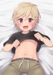  1boy bed black_shirt blonde_hair clothes_lift commentary_request english_text hair_between_eyes looking_at_viewer lying male_focus midriff_peek navel on_back open_mouth original red_eyes shirt shirt_lift solo stomach sy180 textless_version 