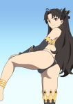  1girl ahoge anklet ass ass_focus asymmetrical_legwear back black_hair black_panties black_ribbon crotch detached_sleeves earrings fate/grand_order fate_(series) gold_trim hair_ornament hair_ribbon highres ishtar_(fate) jewelry leg_up long_hair looking_at_viewer looking_back panties red_eyes ribbon single_sleeve single_thighhigh smile solo standing standing_on_one_leg thighhighs thong two-tone_background underwear user_yuvf2838 very_long_hair 