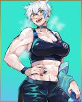  1girl abs absurdres black_choker blue_hair blue_nails bottle breasts choker cleavage covered_nipples diforland earrings glasses grey_nails hand_on_hip highres indie_virtual_youtuber jewelry large_breasts midriff muscular muscular_female navel open_mouth red_nails reina_blanka sharp_teeth short_hair smile solo sports_bra teeth upper_body virtual_youtuber water_bottle white_hair wristband 