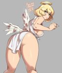  1girl agawa_ryou angel angel_wings ass ass_focus bangs bare_shoulders blonde_hair blush breasts dress feathered_wings green_eyes halo huge_ass looking_at_viewer looking_back medium_breasts mini_wings original short_hair sideboob solo thick_thighs thighs white_dress wings 
