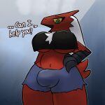 2022 anthro avian beak blaziken breasts bulge carol_(otterjunk) comic english_text first_person_view gynomorph hi_res intersex low-angle_view nintendo nipples otterjunk pok&eacute;mon pok&eacute;mon_(species) solo text under_boob video_games worm&#039;s-eye_view 