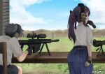  1boy 1girl 50bmg absurdres artist_name ass bipod black_bow black_gloves black_headband black_panties black_shorts blue_skirt blush bow brown_gloves casing_ejection earmuffs firing gloves gun hair_bow headband highres holster lace lace_panties looking_to_the_side muzzle_brake muzzle_flash original panties ponytail purple_hair scope shell_casing shirt shooting_range shorts skirt spotting_scope thigh_holster thighs tripod underwear weapon weapon_request white_shirt wind wind_lift wooden_chair 