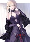  1girl artoria_pendragon_(fate) bangs bare_shoulders black_dress black_ribbon blonde_hair braid breasts cleavage collarbone dress excalibur_morgan_(fate) fate/grand_order fate/stay_night fate_(series) french_braid hair_bun hair_ribbon highres juliet_sleeves long_hair long_sleeves looking_to_the_side medium_breasts parted_lips pttyr puffy_sleeves ribbon saber_alter sidelocks solo sword weapon yellow_eyes 