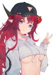  1girl :q absurdres baseball_cap blue_eyes breasts chyraliss cropped_hoodie hat heterochromia highres hololive hololive_english hood hoodie horns irys_(hololive) midriff navel pink_eyes pointy_ears red_hair simple_background solo tongue tongue_out underboob upper_body v white_background 