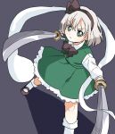  1girl absurdres bangs black_background black_bow black_bowtie black_footwear black_hairband bow bowtie closed_mouth full_body ghost green_eyes hairband highres holding holding_sword holding_weapon konpaku_youmu konpaku_youmu_(ghost) long_sleeves looking_at_viewer multiple_swords sasaki_sakiko shadow short_hair simple_background socks solo standing sword touhou v-shaped_eyebrows weapon white_hair white_socks 