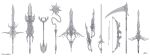  absurdres annotation_request aosuna arrow_(projectile) artist_name bow_(weapon) check_weapon commentary flail greyscale highres monochrome no_humans original partially_annotated polearm rapier short_sword shovel sickle signature sword translated weapon weapon_request 