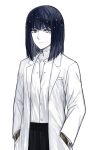  1girl androgynous blue_hair character_request closed_mouth grey_eyes hands_in_pocket heterochromia highres houseki_no_kuni jewelry labcoat looking_at_viewer medium_hair necklace shirt simple_background solo standing white_background white_eyes white_shirt zakirsiz 