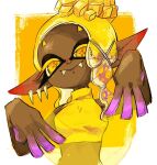  1girl blonde_hair breasts colored_eyelashes colored_skin crop_top cross-shaped_pupils dark-skinned_female dark_skin earrings fangs fangs_out food food_on_head forehead frye_(splatoon) gradient_hair gradient_skin highres jewelry long_hair looking_at_viewer medium_breasts multicolored_hair multiple_earrings object_on_head oimo_kenpi pointy_ears poncho purple_hair purple_skin red_skin see-through sleeveless solo splatoon_(series) splatoon_3 tempura tentacle_hair turtleneck turtleneck_crop_top two-tone_hair yellow_crop_top yellow_eyes 