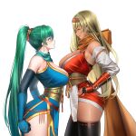  absurdres blonde_hair boots breasts brown_scarf commission commissioner_upload dark-skinned_female dark_skin elbow_gloves fire_emblem fire_emblem:_the_binding_blade gloves green_eyes green_hair highres igrene_(fire_emblem) large_breasts long_hair mole mole_under_eye ninja non-web_source official_alternate_costume scarf shizuko_hideyoshi thigh_boots thighhighs thighs yellow_eyes 