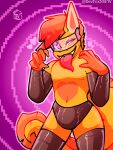  anthro bulge canid clothed clothing devfoxnsfw hybrid hypnosis latex male mammal mind_control orange_body reptile rubber rubber_clothing rubber_suit scalie simple_background smile solo tongue yellow_body 