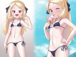  1girl :d ;) alternate_costume bikini black_bikini black_ribbon blonde_hair breasts closed_mouth cloud cynthia_(pokemon) day eyelashes food gazing_eye grey_eyes hair_ribbon hand_on_hip hand_up highres holding ice_cream ice_cream_cone licking long_hair looking_at_viewer navel one_eye_closed open_mouth outdoors pokemon pokemon_(anime) pokemon_journeys ribbon side-tie_bikini sky smile swimsuit tongue tongue_out 