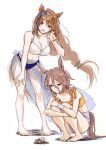  2girls animal_ears bandaged_arm bandages bangs bare_shoulders barefoot bikini blue_eyes braid breasts brown_hair cleavage closed_mouth crown_braid flat_chest hair_between_eyes hand_in_own_hair hermit_crab highres horse_ears horse_girl horse_tail hugging_own_legs large_breasts leaning_forward long_hair mismatched_bikini multiple_girls narita_taishin_(umamusume) natsunori navel open_mouth sarong see-through_sarong short_hair simple_background smile squatting standing super_creek_(umamusume) swimsuit tail umamusume white_background 