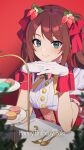  1boy blurry blurry_foreground blush bob_p brown_hair corset depth_of_field dress food food-themed_hair_ornament fork gloves green_eyes hair_ornament happy highres idolmaster idolmaster_side-m interlocked_fingers looking_at_viewer macaron male_focus mizushima_saki otoko_no_ko own_hands_together pinafore_dress puffy_short_sleeves puffy_sleeves short_sleeves smile solo spoon strawberry_hair_ornament twintails upper_body white_gloves 